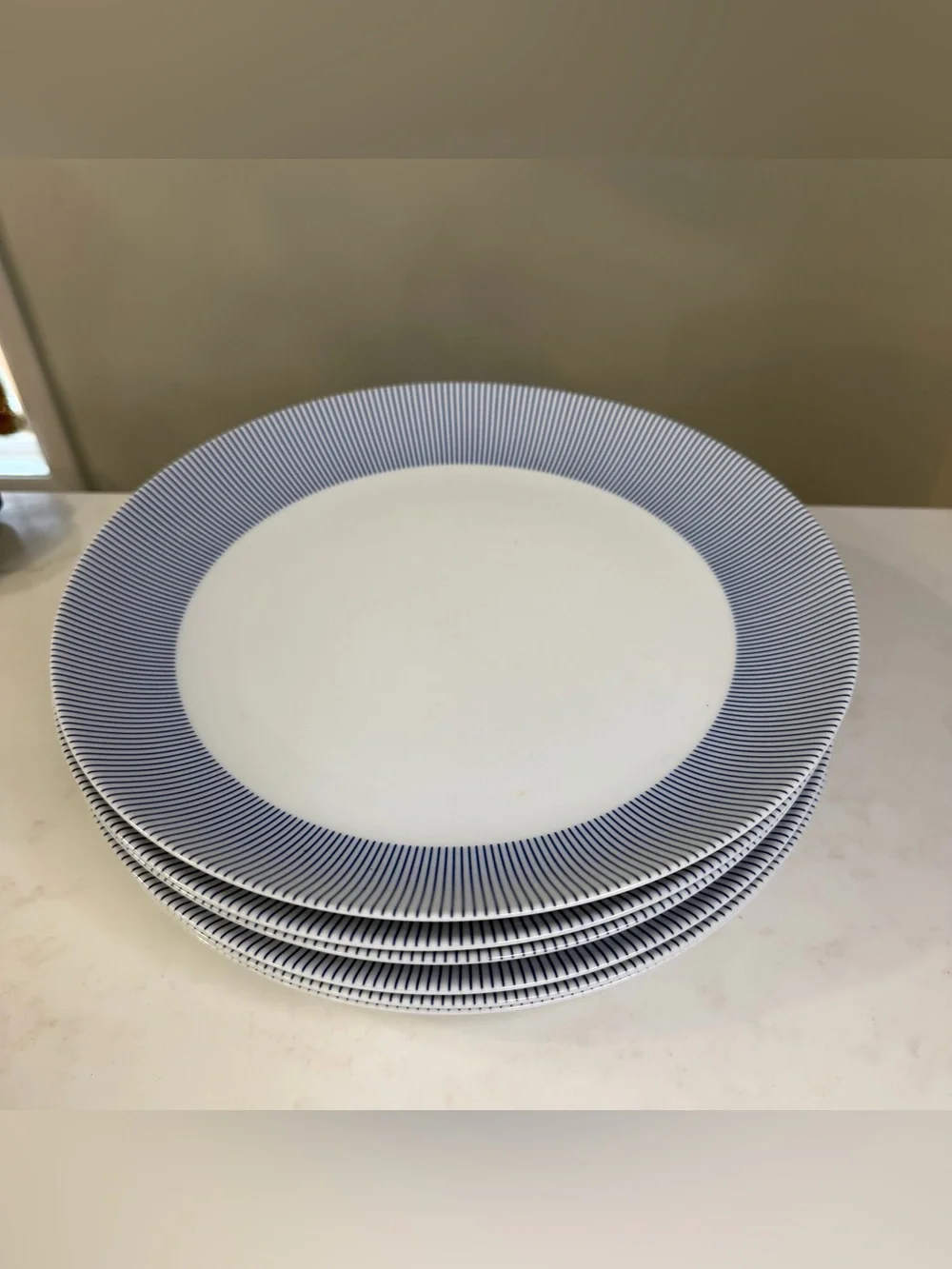 6 Crate&Barrel White Dinner Plates with Navy Pinstripe Rim